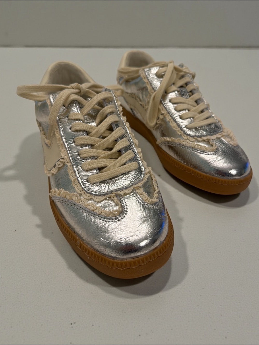 Dolce Vita Metallic Silver Sneakers with Cream Trim